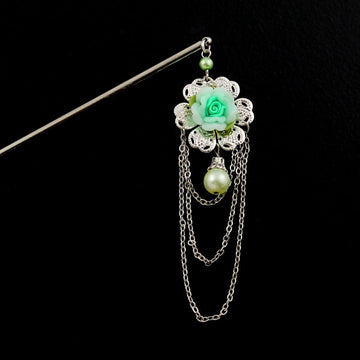 Polymer Rose Hair Stick with Pearl Drop and Tassels Green
